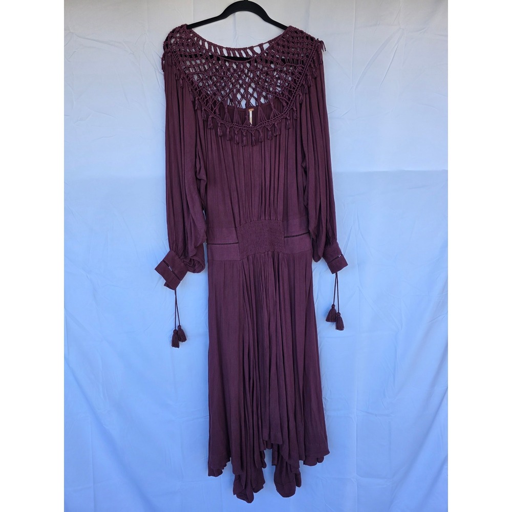 Free People Macrame Tassel Midi‎ Dress Plum Wine Boho Balloon Sleeve SMALL